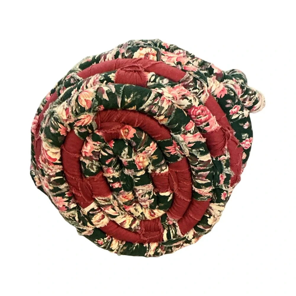 Handmade Vintage Coil Basket Twisted Floral Pink Green Burgundy‎ Cottagecore